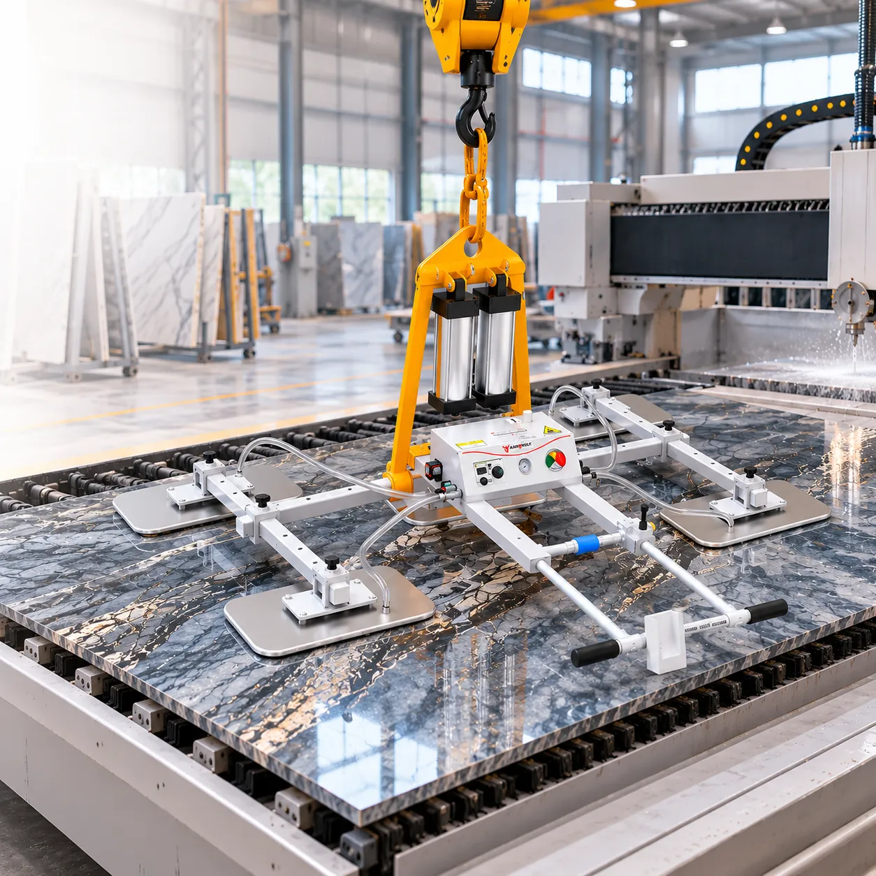 Vacuum lifter moving a fabricated granite countertop from CNC table to A-frame