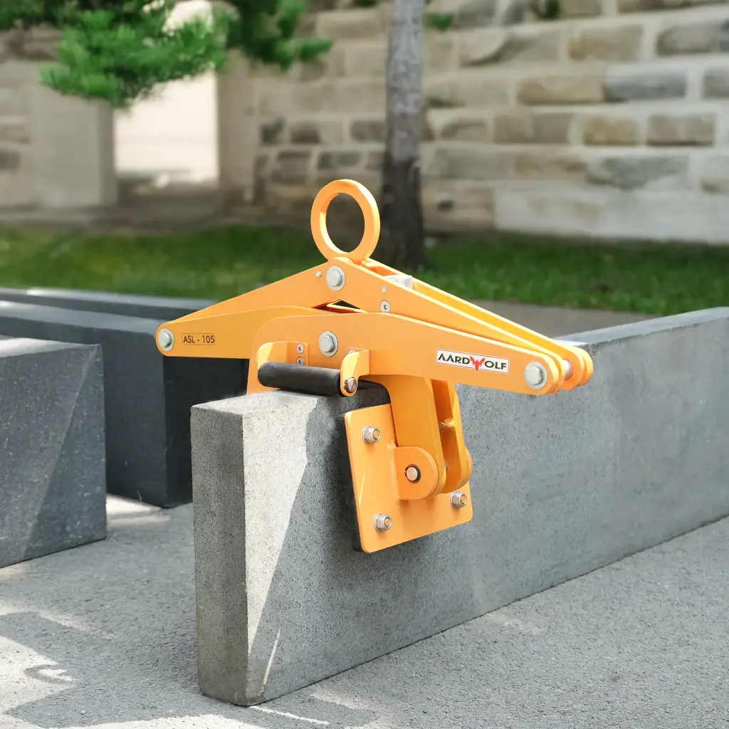 Aardwolf ASL105 mechanical scissor clamp lifter for lifting stone, precast concrete, and concrete sleepers up to 105 mm wide