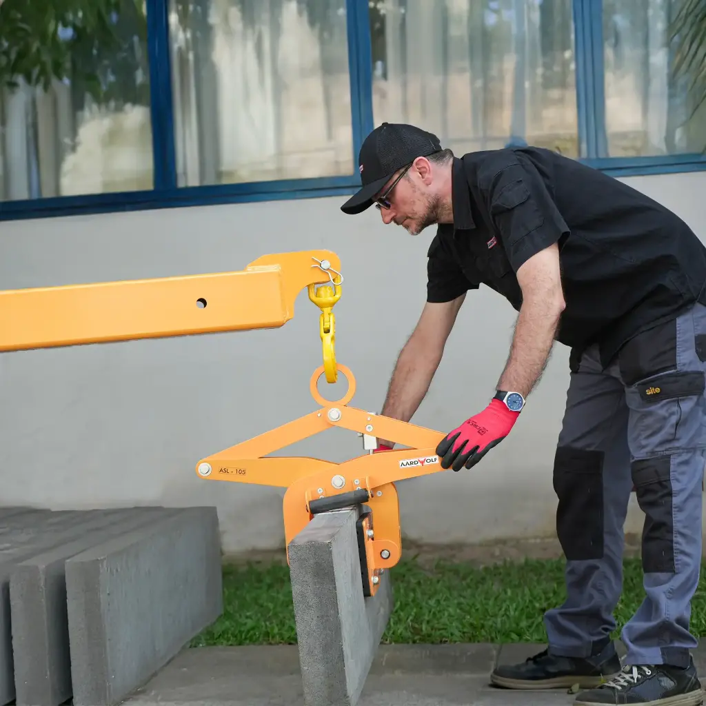 Aardwolf ASL105 mechanical scissor clamp lifter for lifting stone, precast concrete, and concrete sleepers up to 105 mm wide