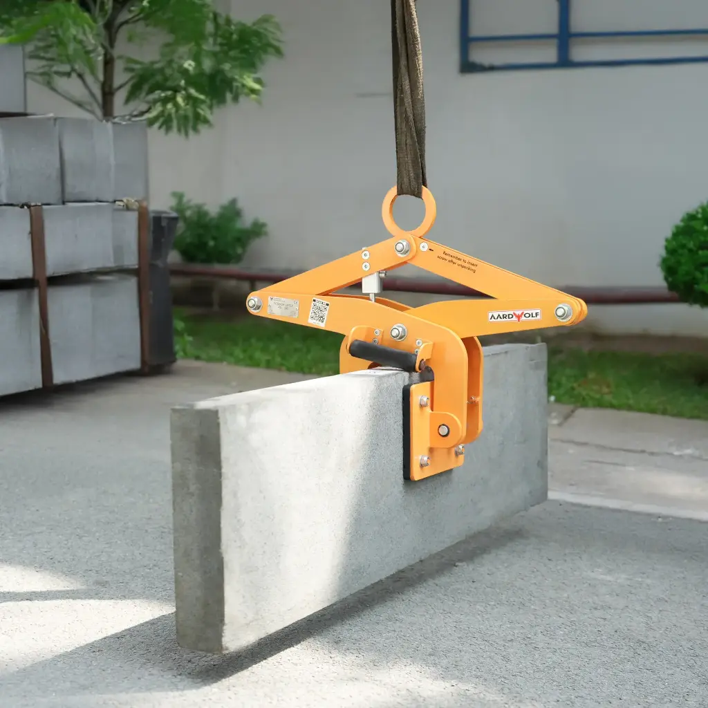 Aardwolf ASL105 mechanical scissor clamp lifter for lifting stone, precast concrete, and concrete sleepers up to 105 mm wide
