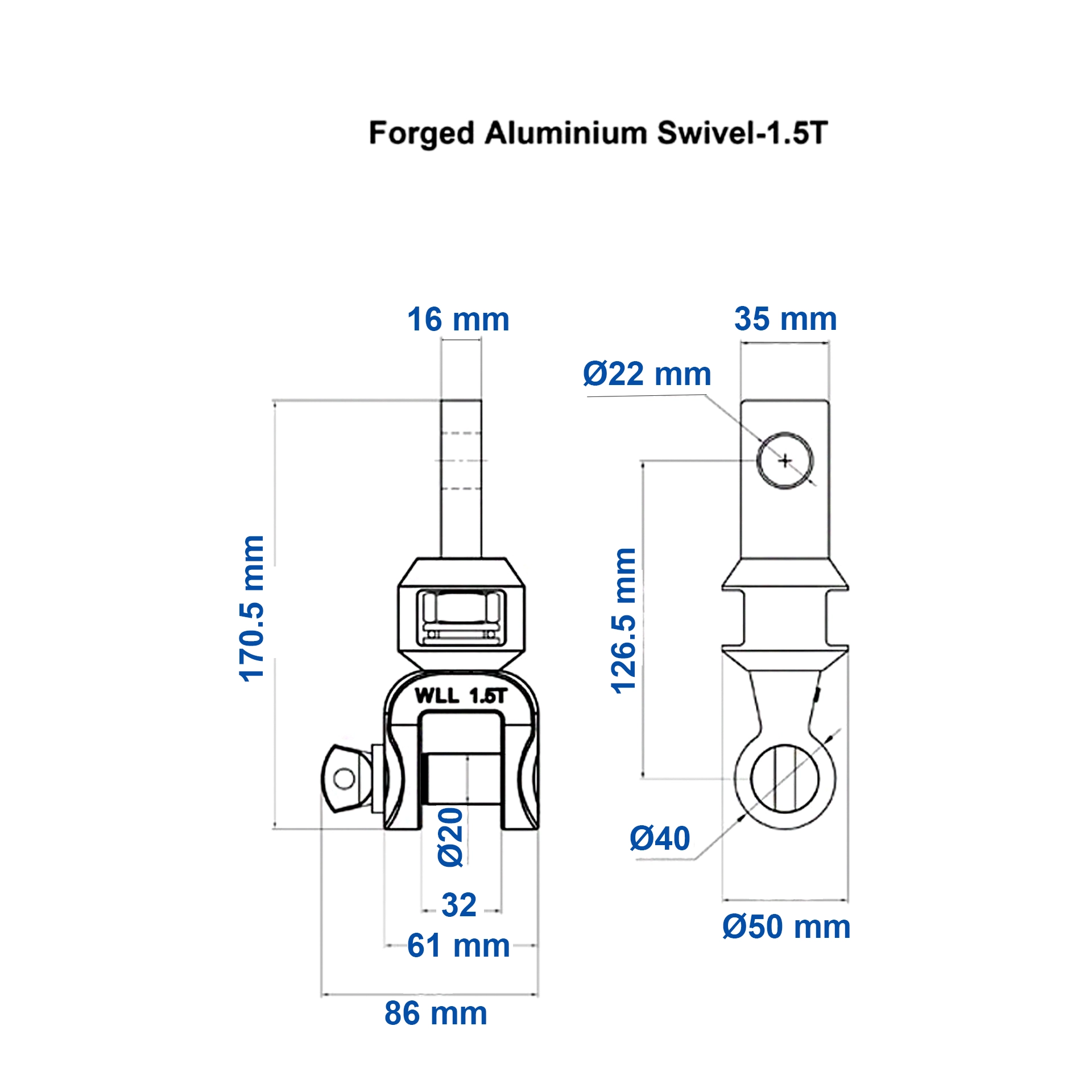 Aardwolf SS1.5T Forged Aluminium Swivel for lifting and rigging