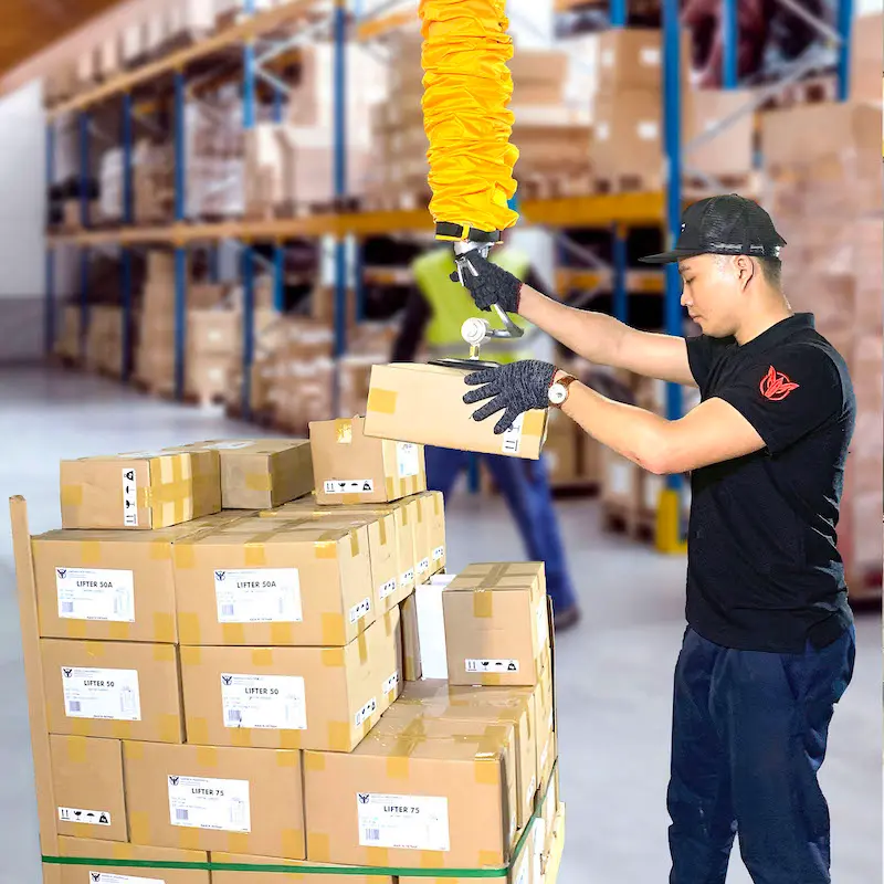 Aardwolf AVTL1 Vacuum Tube Lifter handling cartons in a warehouse