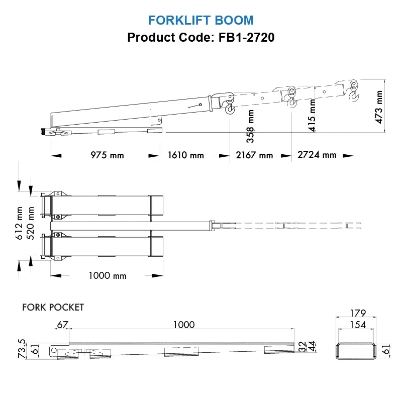 Dimensions of Aardwolf FB1-2720 Forklift Boom