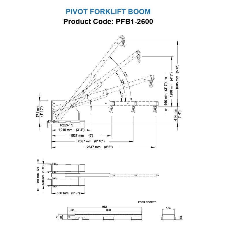Dimensions of Aardwolf PFB1-2600 Pivot Forklift Boom