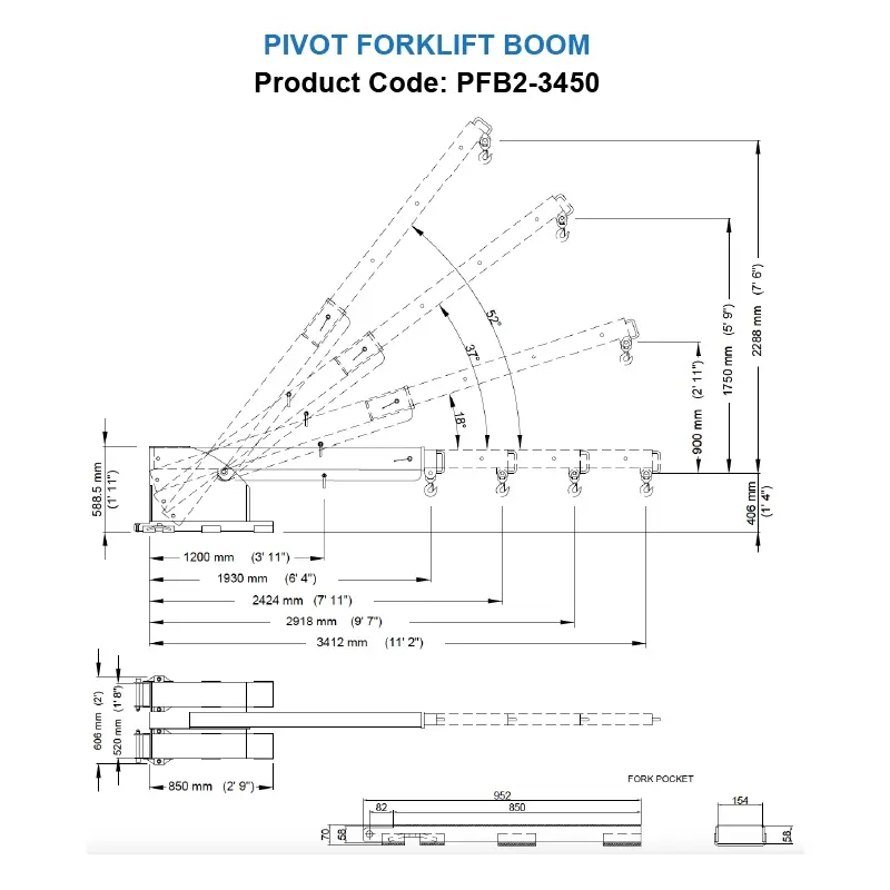Dimensions of Aardwolf PFB2-3450 Pivot Forklift Boom