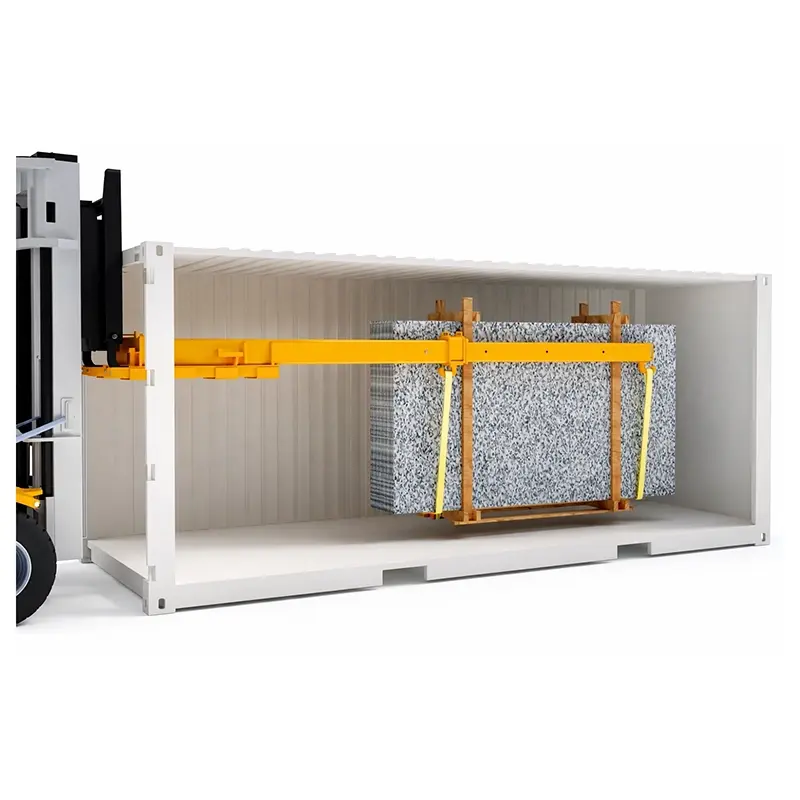 Aardwolf DFB2-5000 Double Forklift Boom handling stone slabs inside a shipping container